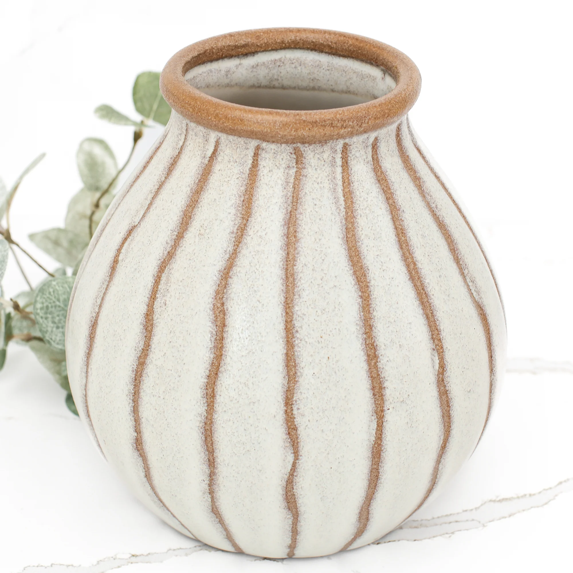 7" Beige Stripe Ceramic Vase - Image 3