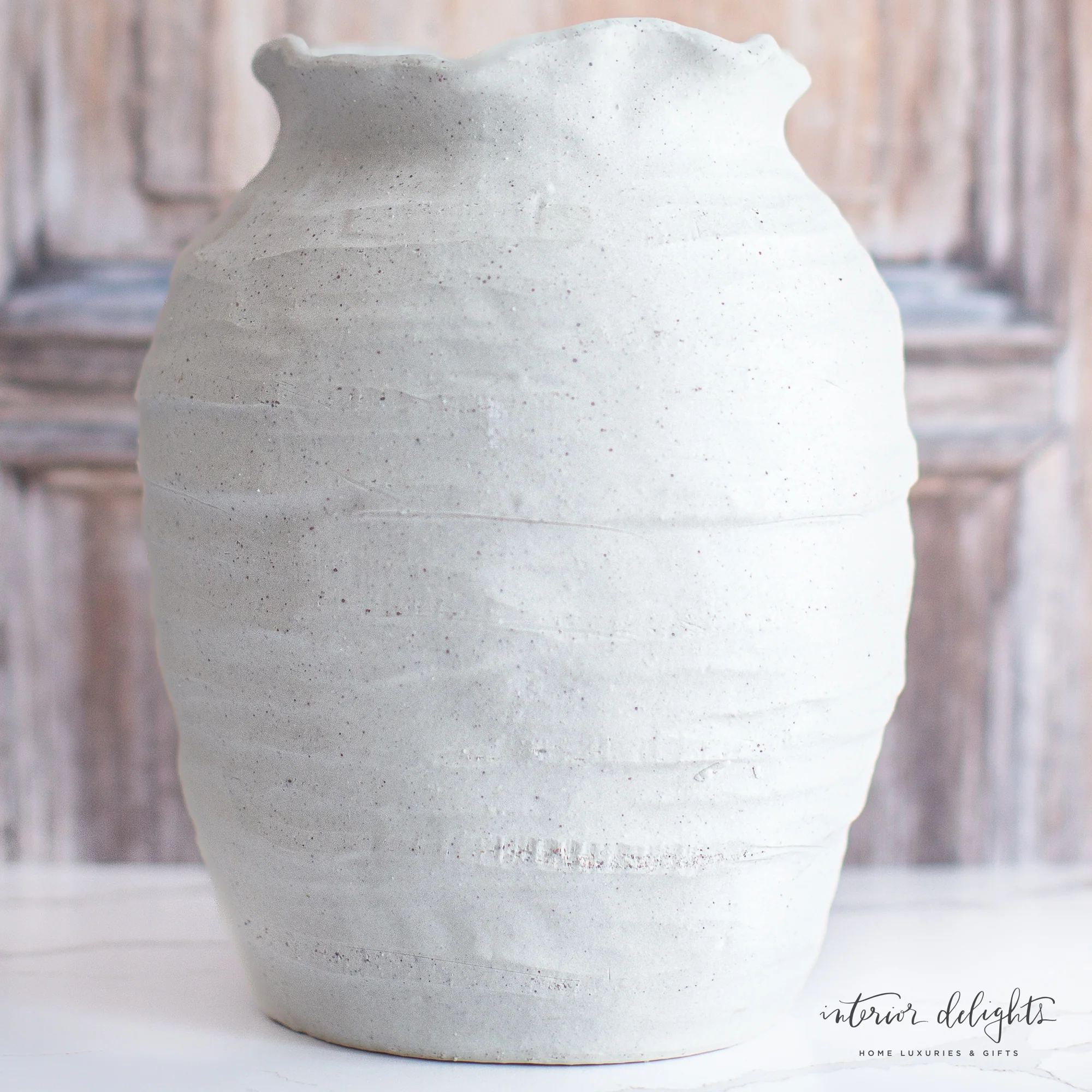 12” White Scalloped Top Stoneware Vase - Image 5