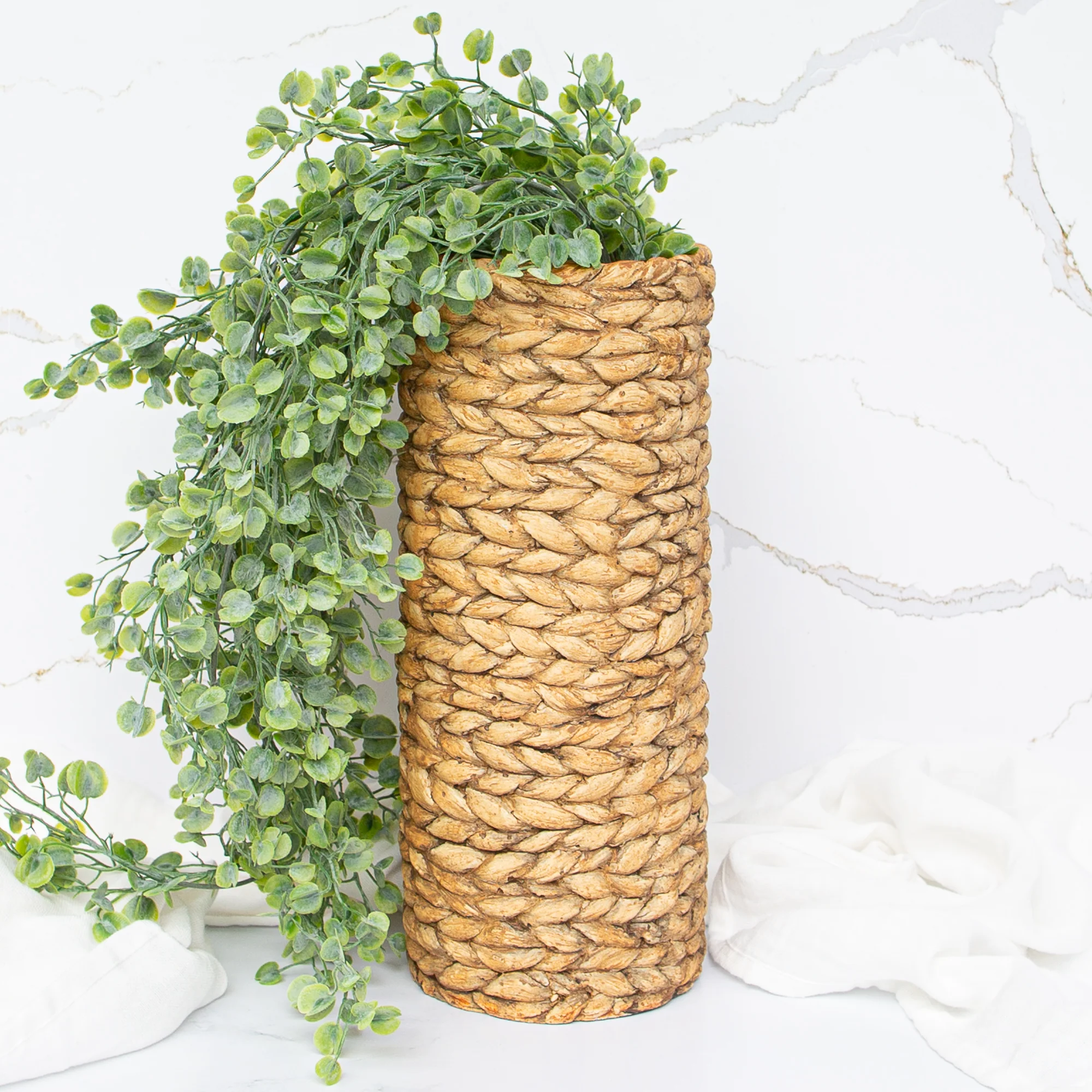 12.5" Tan Braided Pattern Cement Vase - Image 2