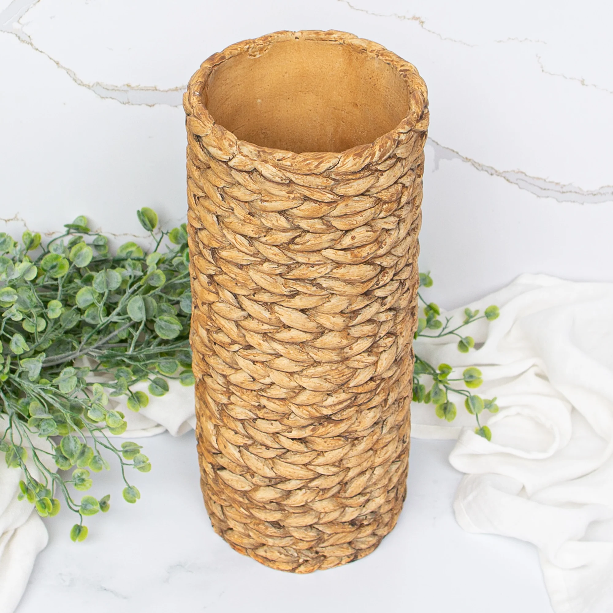 12.5" Tan Braided Pattern Cement Vase - Image 3