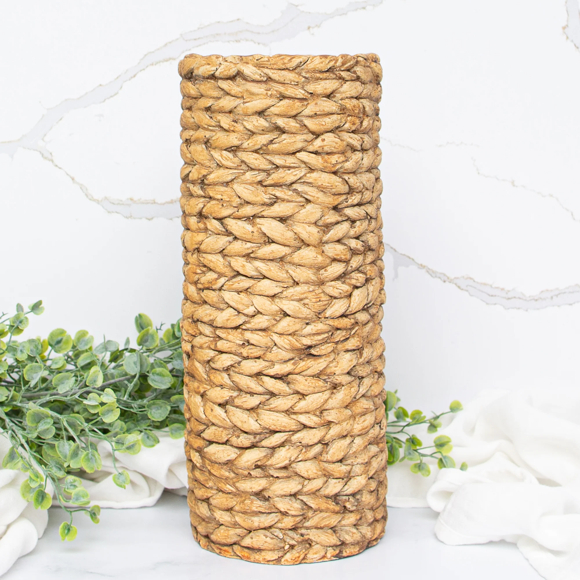 12.5" Tan Braided Pattern Cement Vase - Image 4