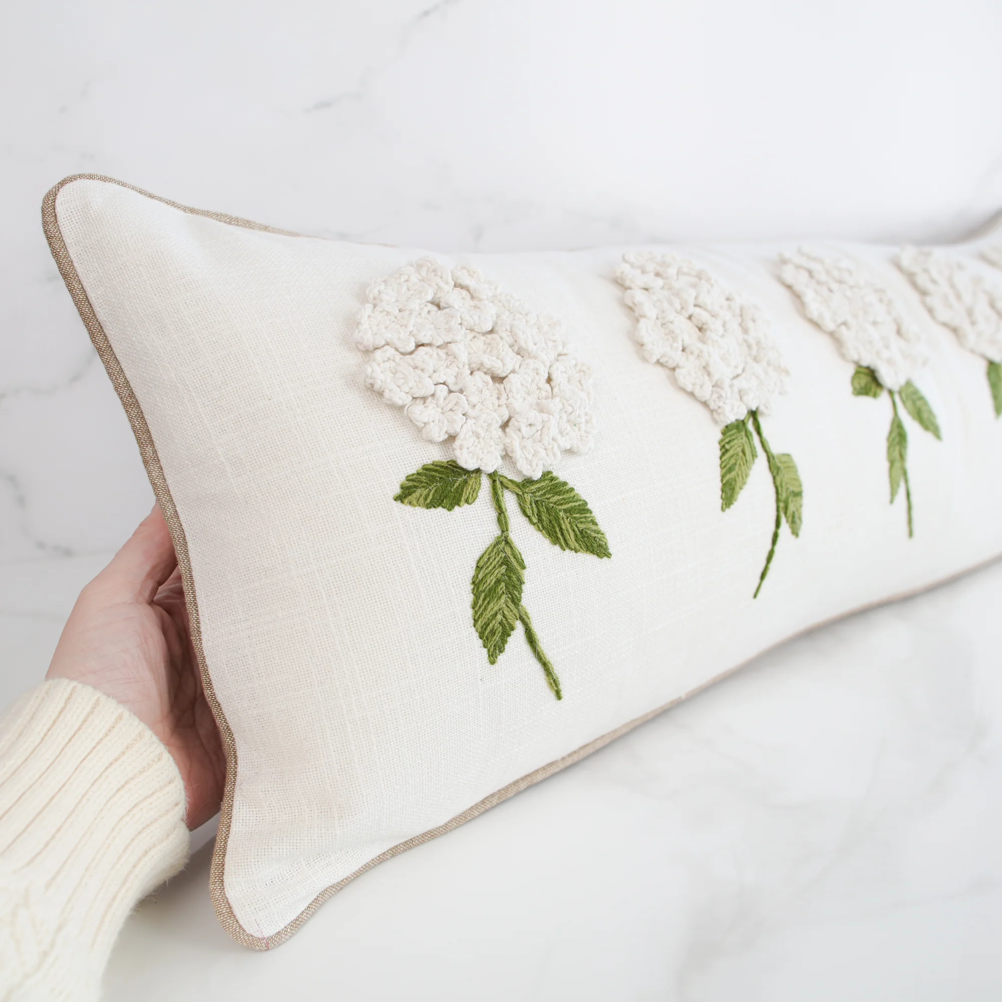 White Hydrangea Long Lumbar Pillow - Image 3