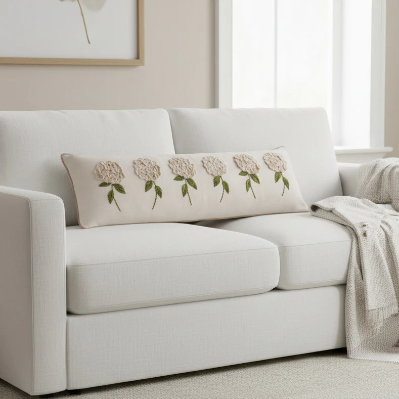 White Hydrangea Long Lumbar Pillow - Image 4